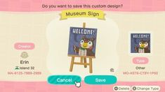 an animal crossing game screen with the name hellome on it's easel