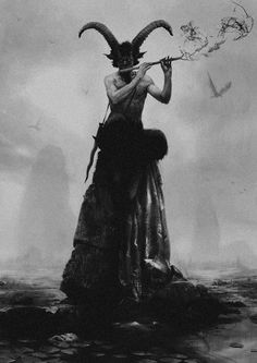 a black and white photo of a man with horns on his head holding a stick