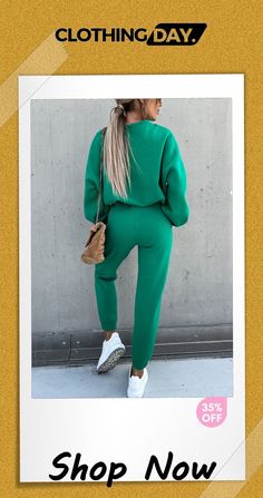 Worth It Sporty Style Solid Color Pants Suit Green Solid Color Loungewear Pants, Casual Sets With Elastic Waistband For Fall, Casual Green Winter Jumpsuit, Casual Green Winter Jumpsuits And Rompers, Casual High-waist Sets, Casual Stretch Sets With High-waisted Pants, Casual High Waist Sets For Fall, Casual High Waist Fall Sets, Green Jumpsuits And Rompers For Fall Loungewear