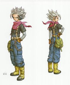 two different views of the same character from dragon quest, which is wearing overalls and boots