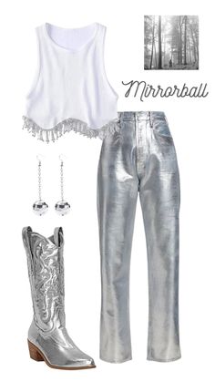 a pair of silver pants and white top with the words mirrorball written on it