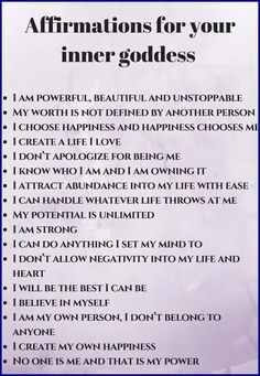 the affirmations for your inner goddesss poster is shown in purple and white