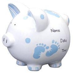 a white piggy bank with blue footprints on it