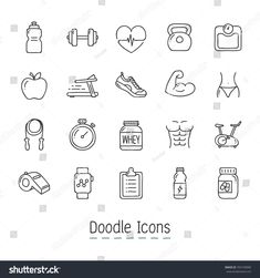 set of thin line icons for gym and fitness related items such as dumbble,