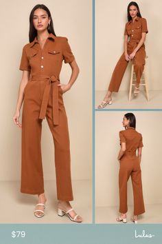 If you want to stay comfortable while looking cute, then the Lulus Practical Perfection Rust Brown Twill Short Sleeve Jumpsuit was made for you! Slightly stretchy woven twill shapes this trendy jumpsuit that has a collared neckline framed by short cuffed sleeves. Bodice has decorative, twin pocket flaps at the front with a functional button placket. Fitted waist features belt loops, a tying sash belt, and a hidden zip fly, all atop straight pant legs with diagonal side pockets and ankle-length h Cotton Jumpsuits And Rompers For Summer Workwear, Cotton Summer Jumpsuits And Rompers For Workwear, Summer Cotton Jumpsuits And Rompers For Work, Casual Solid Color Jumpsuits And Rompers For Work, Casual Workwear Jumpsuit, Spring Cotton Belted Jumpsuits And Rompers, Brown Relaxed Fit Overall Jumpsuit, Brown Relaxed Fit Jumpsuit Overall, Trendy Cotton Denim Jumpsuit For Work