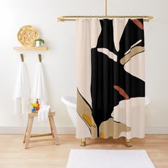 a shower curtain with an abstract design on it