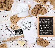 baby announcement with cookie cookies and chocolate chip cookies