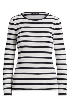 Breton stripes give a bracing look to this trim-fitting cotton-jersey T-shirt. 24 1/2" length (size Medium) Crewneck Long sleeves 100% cotton Machine wash, line dry Imported Classic Crew Neck Top With Striped Hem, Classic Crew Neck Tops With Horizontal Stripes, Classic Cotton Tops With Striped Hem, White Cotton Tops With Horizontal Stripe Pattern, White Cotton Tops With Striped Hem, Breton Stripes, Long Sleeve Tee, Lauren Ralph Lauren, Long Sleeve Tees