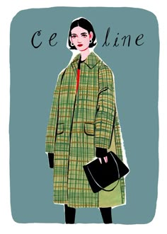 a drawing of a woman wearing a green coat and holding a black handbag with the words ce line on it