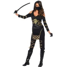 Hooded cold-shoulder catsuit with gold dragon accents and wrap around ties waist sash and face mask. Black/gold. Weapon gloves and boots not included. Ninja Halloween, Leg Avenue Costumes, Halloween Comic, The Mask Costume, Female Ninja, Great Halloween Costumes, Plus Size Halloween Costume, Queen Costume, Waist Sash