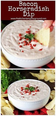 two pictures showing how to make horseradish dip with crackers and parsley