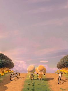 two cartoon characters standing next to each other on a dirt road with trees and flowers in the background