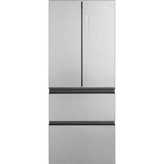 a silver refrigerator freezer sitting on top of a white wall