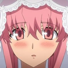 an anime character with pink hair and big eyes