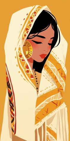 a painting of a woman wearing a white and yellow shawl with gold ear rings