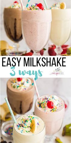 three glasses filled with different types of milkshakes