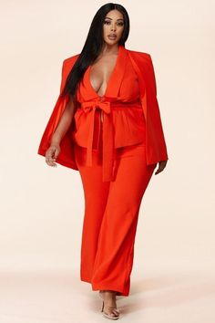 Description: Vibrant coral red set featrues a caped blazer with a shawl lapel style neckline, pockets, a ribbon tie-waist, and is paired with matching bell bottom pants. Content: Self & Lining: 100% Polyester 𝑺𝒊𝒛𝒆 𝑪𝒉𝒂𝒓𝒕: • 14-16 XL • 18-20 1XL • 22-24 2XL • 26-28 3XL ���𝑺𝒉𝒊𝒑𝒑𝒊𝒏𝒈 • This Item ships for free. 𝑹𝒆𝒕𝒖𝒓𝒏𝒔 • Returns accepted within 7 days after your package has been delivered. 𝑪𝒂𝒏𝒄𝒆𝒍𝒍𝒂𝒕𝒊𝒐𝒏𝒔 • Can be canceled within 30 min. Red V-neck Blazer For Work, Red V-neck Blazer For Workwear, Cape Blazer, Blue Cape, Jumpsuit For Women, Cape Jacket, Peplum Jacket, Blazer Set, Coral Red