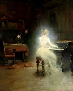 a painting of a woman in a white dress sitting at a piano with a man standing behind her