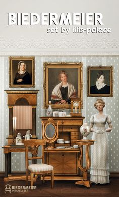 an advertisement for the biedermeier set by life - place shows a woman standing in front of a table with two portraits on it