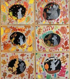 four different pictures with leaves and animals on them, all in the same color scheme