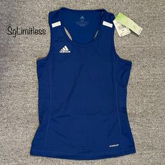 Adidas Blue Tank Top Nwt. Aeroready. Size Xs. Comes From A Smoke Free House Hold. Adidas Blue Sleeveless Top, Adidas Tank Top, Adidas Blue, Blue Tank Top, Adidas Tops, Blue Adidas, Fancy Dresses, Black Tank Tops, Adidas Women