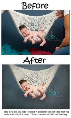 the before and after pictures of a baby laying in a hammock that has been crocheted