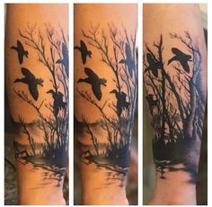 three different views of the same person's arm with birds flying over trees and water