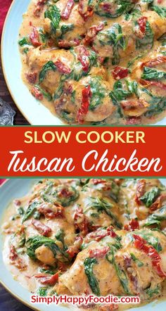 slow cooker tuscann chicken with spinach and tomatoes in a white sauce