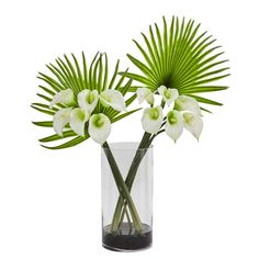 two white flowers in a clear vase with green leaves