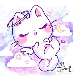 a white cat with purple eyes and stars on it's head is flying in the sky