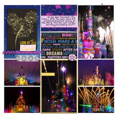 the collage shows fireworks, lights and castle at disneyland's new year's eve celebration