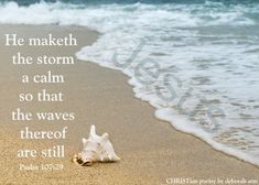 a shell on the beach with an ocean wave in the background and a bible verse written above it