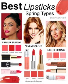 House Of Colour Spring Lipstick, True Spring Eye Makeup, Makeup For Bright Spring, True Spring Jewelry, Light Spring Lipstick Colors, Warm Spring Lipstick Colors, True Spring Makeup Looks, Spring Palette Makeup, Warm Spring Lipstick