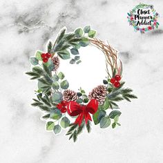 a christmas wreath with pine cones, holly and red bows on a white marble background