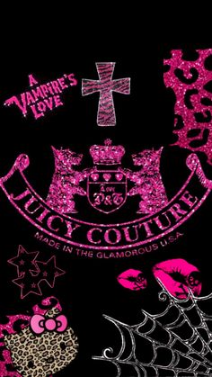 an image of the logo for juicy couture on a black shirt with pink glitters