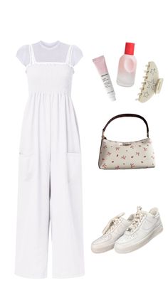 a white outfit with shoes, handbag and other items to wear on the trip