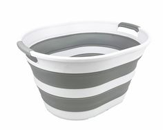 a gray and white striped plastic bucket