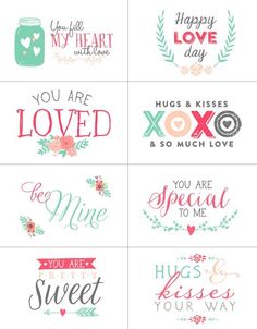 six different valentine's day stickers with the words you are loved, hugs and kisses