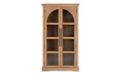 an oak bookcase with glass doors on the top and bottom shelves, in front of a white background