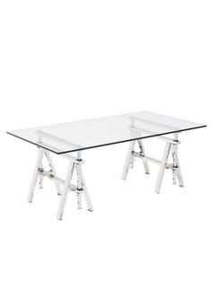 a glass table with two metal legs