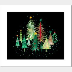 christmas trees on black background with stars and snowflakes in the sky above them