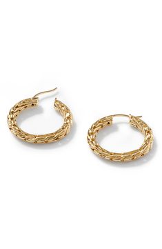 Signature carvings bring intricate texture to an everyday pair of hoop earrings handcrafted from 18-karat gold using traditional Balinese techniques. 3/4" hoop diameter 18k gold Imported Formal Textured Yellow Gold Jewelry, Textured Gold-plated Jewelry, Textured 14k Yellow Gold Jewelry, Elegant Textured Yellow Gold Jewelry, Luxury Hammered Gold Hoop Earrings, Luxury Gold Hammered Hoop Earrings, Yellow Gold Jewelry With Interwoven Design, Textured Gold-plated Yellow Gold Jewelry, Textured Gold Plated Yellow Gold Jewelry