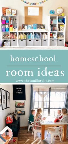 two children sitting at a table in front of bookshelves with text overlay that reads homeschool room ideas