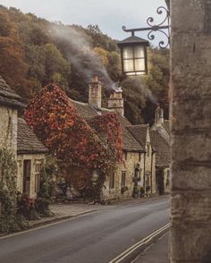 an old fashioned street light on the side of a road with houses in the background