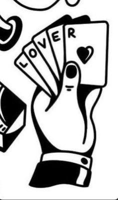 a black and white drawing of a hand holding playing cards with the word love on it