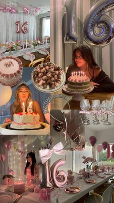 a collage of photos with birthday cake, balloons and other items in the background