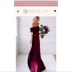 a woman in a long dress holding a bouquet and looking at the camera with an ad for revelry