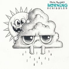 a drawing of a cloud with eyes and rain coming out of it