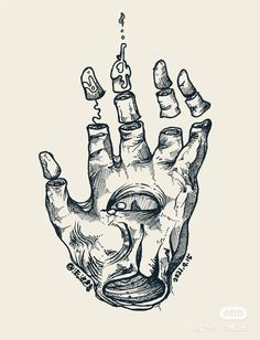 an ink drawing of a hand with fingers and other objects coming out of the palm