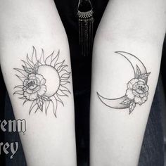 two sun and moon tattoos on both legs, one with flowers in the middle by them